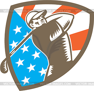 American Golfer Tee Off Golf Shield Woodcut - royalty-free vector clipart