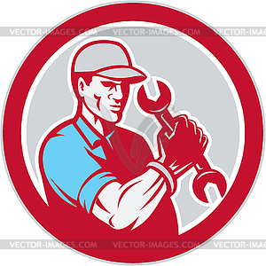 Mechanic Holding Spanner Wrench Circle Retro - vector clipart