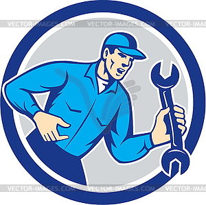 Mechanic Shouting Holding Spanner Wrench Circle - vector image