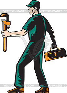 Plumber Walking Carry Toolbox Wrench Woodcut - vector clipart