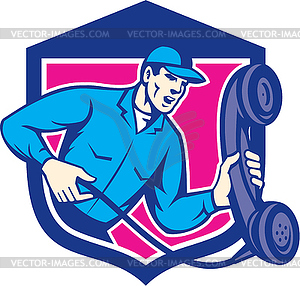 Telephone Repairman Holding Phone Shield Retro - color vector clipart