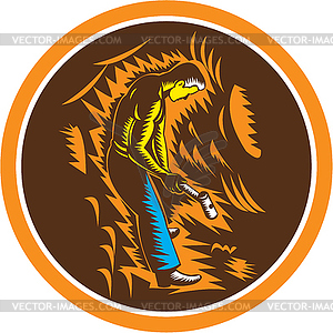 Coal Miner Holding Sledgehammer Circle Woodcut - royalty-free vector clipart