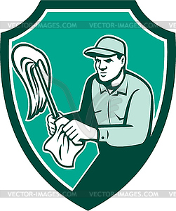 Janitor Cleaner Holding Mop Cloth Shield Retro - vector clipart