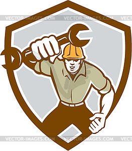 Mechanic Spanner Wrench Running Shield Retro - vector clipart