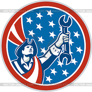 American Patriot Mechanic Holding Spanner Circle - vector image