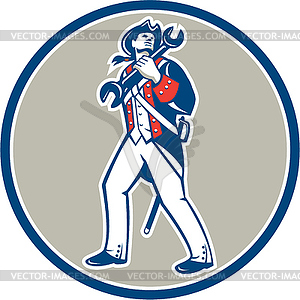 American Patriot Holding Wrench Marching Retro - vector image