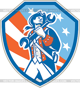 American Patriot Holding Wrench Shield Retro - vector clipart
