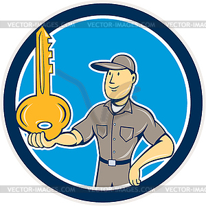 Locksmith Balancing Key Palm Circle Cartoon - vector image