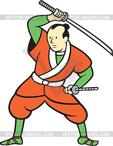 Samurai Warrior Wielding Katana Sword Cartoon - vector image