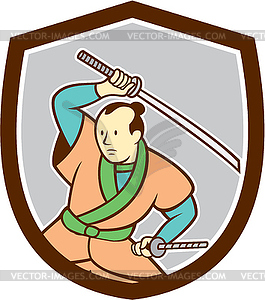 Samurai Warrior Katana Sword Shield Cartoon - vector clipart