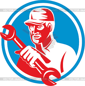 Mechanic Holding Spanner Wrench Circle Retro - vector clipart / vector image