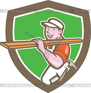 Builder Carpenter Carrying Timber Shield Cartoon - vector clip art