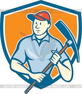 Construction Worker Holding Pickaxe Shield Cartoon - vector image