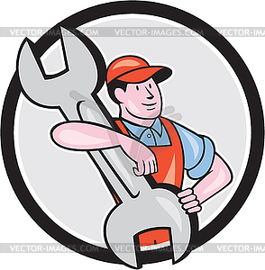 Mechanic Carry Spanner Wrench Circle Cartoon - vector image