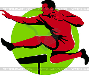 Track and Field Athlete Jumping Hurdles Retro - vector image