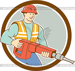 Construction Worker Jackhammer Circle Cartoon - vector image