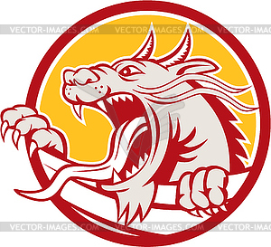 Chinese Red Dragon Head Growling Circle Retro - vector clip art