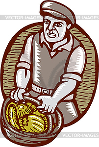 Organic Farmer Harvest Basket Woodcut Linocut - vector image