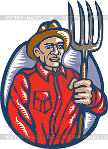 Organic Farmer Holding Pitchfork Woodcut Linocut - vector image