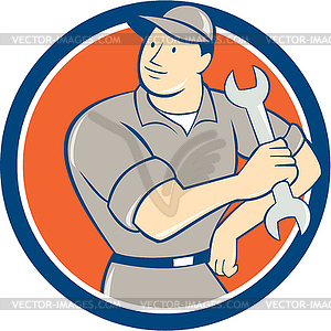 Mechanic Hold Spanner Wrench Circle Cartoon - vector clipart