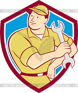 Mechanic Hold Spanner Wrench Shield Cartoon - vector clip art