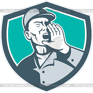 Worker Shouting With Hand in Mouth Shield - vector clipart