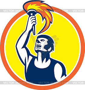 Athlete Player Raising Flaming Torch Circle Retro - vector clip art