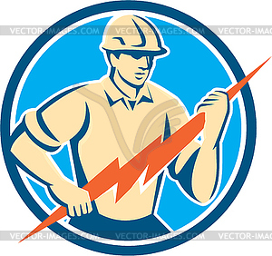 Electrician Holding Lightning Bolt Circle Retro - vector clip art