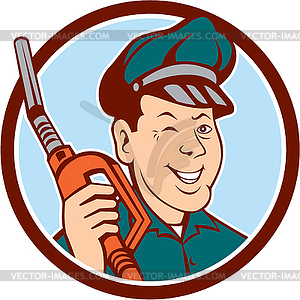 Gas Attendant Nozzle Winking Circle Cartoon - royalty-free vector clipart