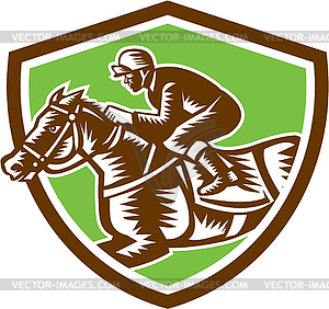 Jockey Horse Racing Shield Retro Woodcut - vector clipart