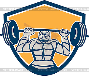 Knight Lifting Barbell Weights Shield Retro - color vector clipart