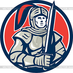 Knight Full Armor With Sword Circle Retro - vector image