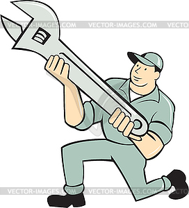 Mechanic Kneeling Holding Spanner Wrench Cartoon - vector clip art