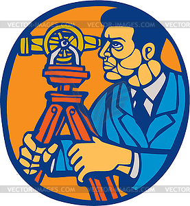 Surveyor Geodetic Theodolite Woodcut Linocut - vector image