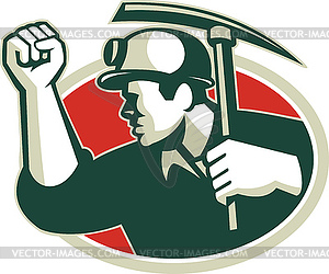 Coal Miner Pump Fist With Pick Ax Retro - vector clipart