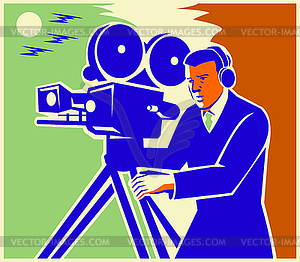 Cameraman Film Crew Vintage Video Movie Camera - vector image