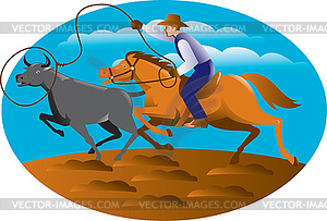 Cowboy Riding Horse Lasso Bull Cow - vector clip art