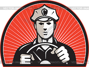Policeman Driver Driving Steering Wheel - vector image