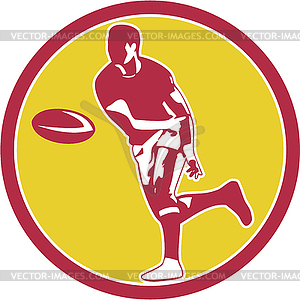 Rugby Player Passing Ball Circle Retro - vector image