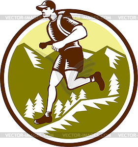 Cross Country Runner Горы Круг Woodcut - векторизованный клипарт