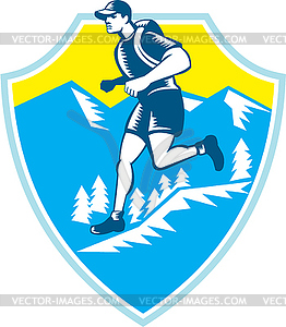 Cross Country Runner Горы Щит Woodcut - векторизованное изображение