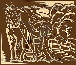 Farmer Farming Plowing With Farm Horse Woodcut - vector clipart