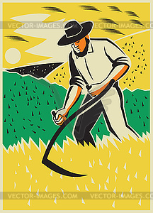 Farmer With Scy Harvesting Field Retro - vector clip art