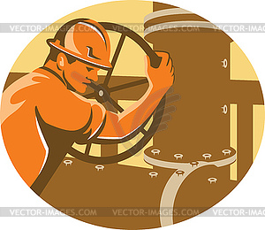 Gas and Oil Worker Closing Pipeline Pipe Valve - vector image