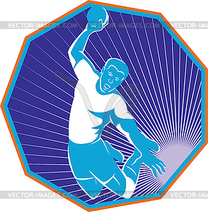 Handball Player Jumping Throwing Ball Retro - stock vector clipart