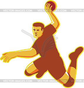 Handball Player Jumping Striking Retro - vector clip art