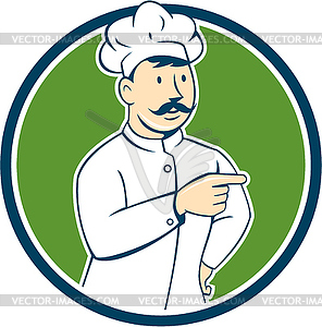 Chef Cook Mustache Pointing Circle Cartoon - vector clipart