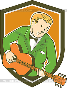 Musician Guitarist Playing Guitar Shield Cartoon - vector image