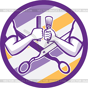 Barber Hand Comb Brush Scissors Circle Retro - vector image