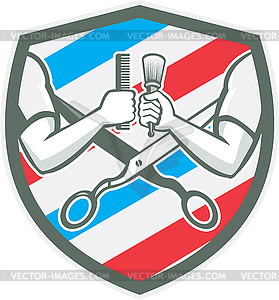 Barber Hand Comb Brush Scissors Shield Retro - vector image